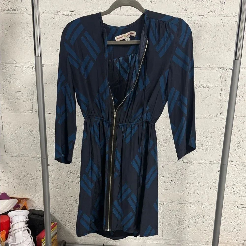Amanda Uprichard Navy and Blue Long Sleeve Dress Front Zipper - Petite LIKE NEW